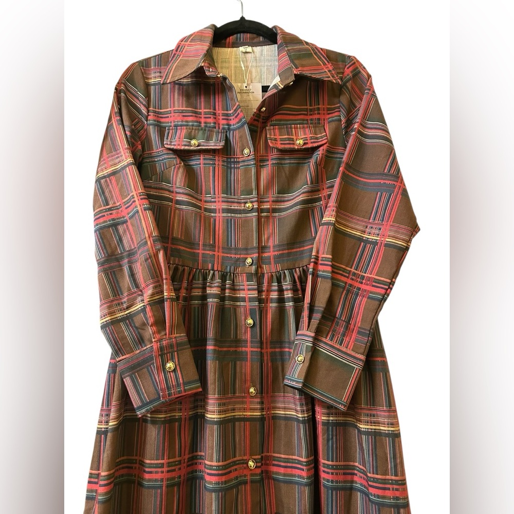 Oyrosy Retro Ethnic Style Lapel Reddish Brown Plaid Maxi Dress size S - Picture 7 of 11